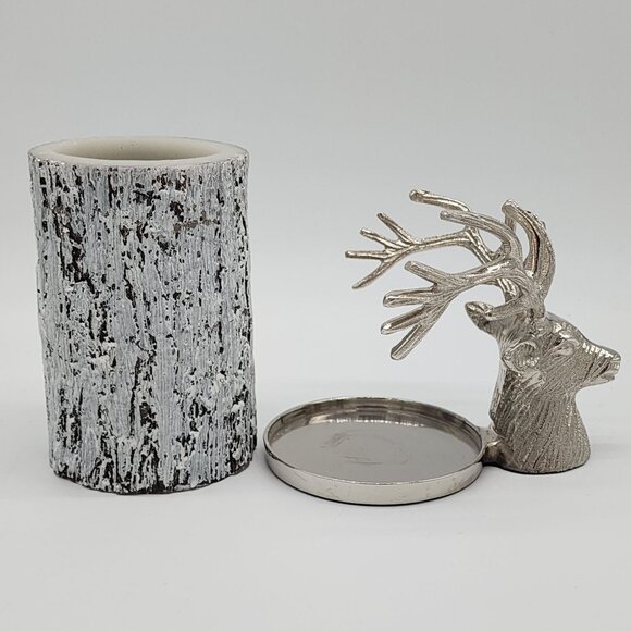 Pottery Barn Silver Reindeer Head Pilar Candle Holder With Battery Faux Log Vint - Picture 6 of 9